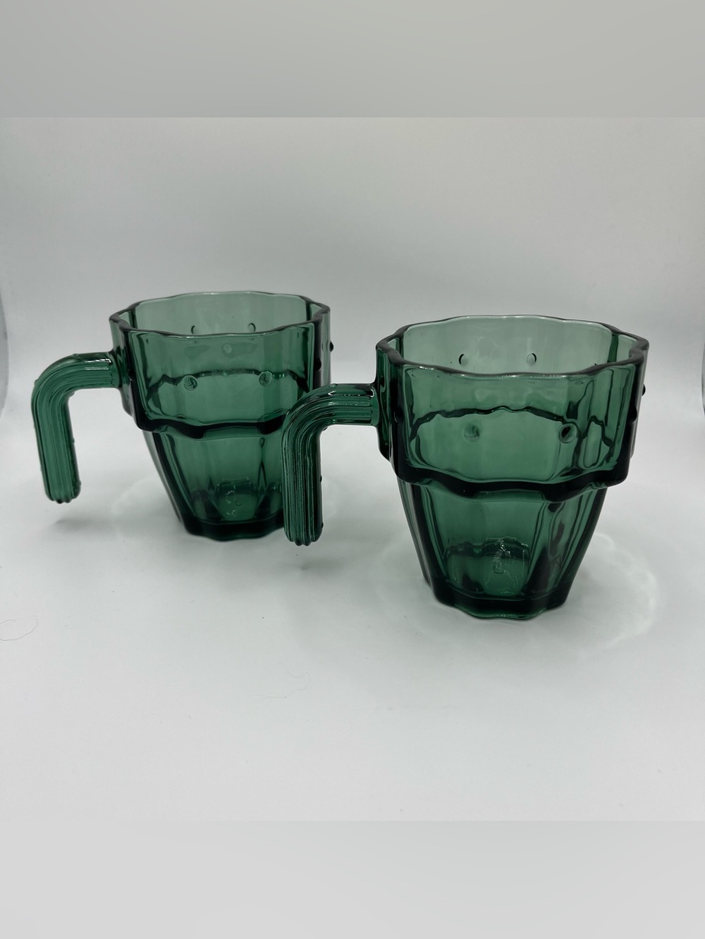 Vintage John Lewis Dark Green Cactus Glass Tumbler Mug Stackable - Set Of 2